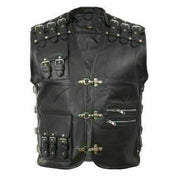 Punk Men's Genuine Leather Heavy Buckled Motorcycle Biker Vest Waistcoat
