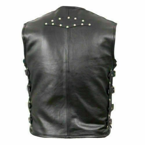 Punk Men's Genuine Leather Heavy Buckled Motorcycle Biker Vest Waistcoat