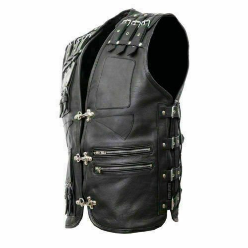 Punk Men's Genuine Leather Heavy Buckled Motorcycle Biker Vest Waistcoat