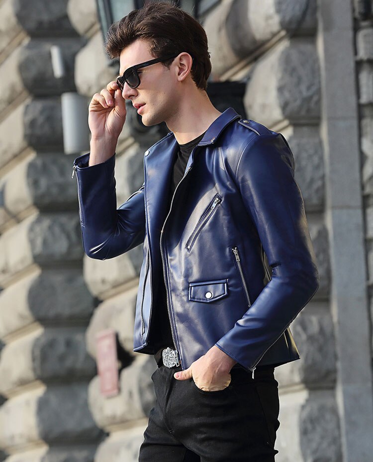 Men's High Quality Blue Brando Leather Jacket Shoulder Protector Fashion