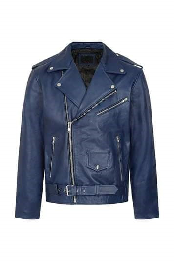 Men's High Quality Blue Brando Leather Jacket Shoulder Protector Fashion