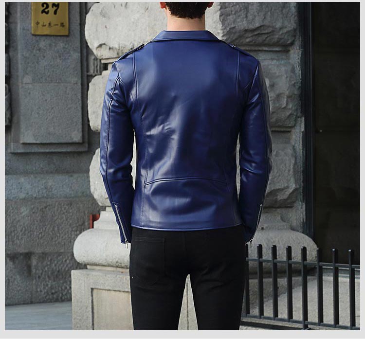 Men's High Quality Blue Brando Leather Jacket Shoulder Protector Fashion