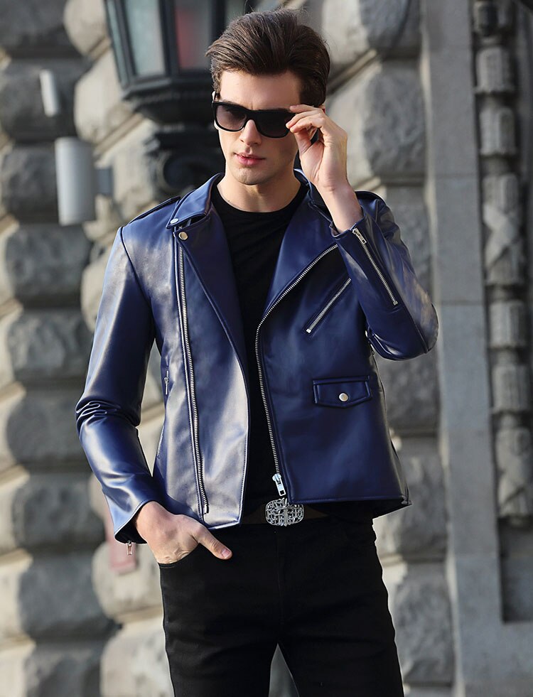 Men's High Quality Blue Brando Leather Jacket Shoulder Protector Fashion