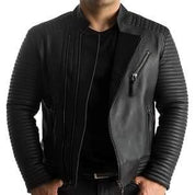 Handmade Mens Leather Jacket Black Quilted Genuine Lambskin Biker Motorcycle