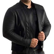 Handmade Mens Leather Jacket Black Quilted Genuine Lambskin Biker Motorcycle - Image 3