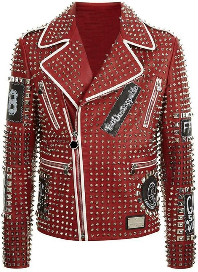 Men's Handmade Multicolor Diamond Studded Brando Retro Motorcycle Rock Punk Jacket