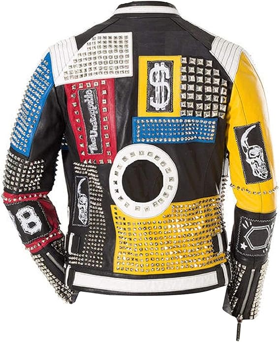 Men's Retro Diamond Studded Leather Motorcycle Jacket - Image 3