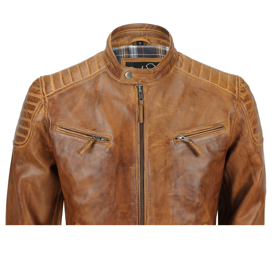 Men's Handmade Slim Fit Antique Washed Brown Leather Biker Jacket, Men's Retro Zip Leather Jacket in Brown - Image 3