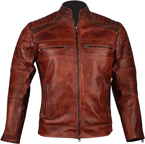 Handmade Mens Retro Cafe Racer Biker Distressed Browm Motorcycle Leather Jacket