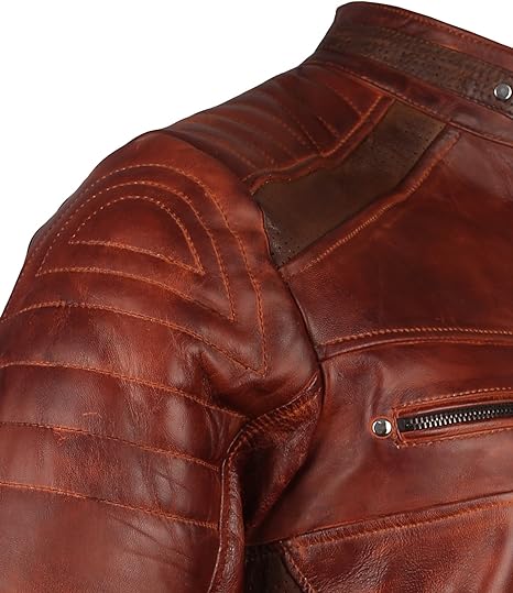 Handmade Mens Retro Cafe Racer Biker Distressed Browm Motorcycle Leather Jacket - Image 4