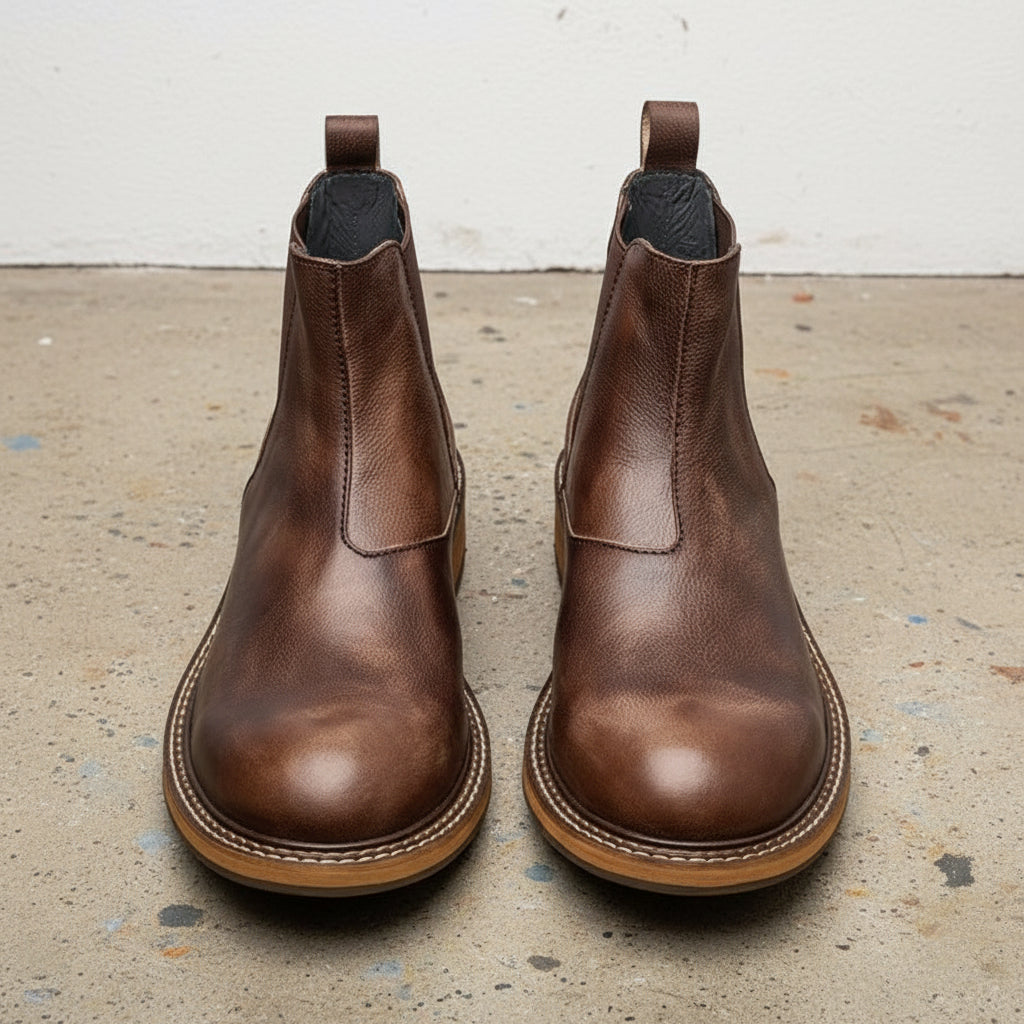 Men’s Rustic Leather Chelsea Boots, Handmade Genuine Leather Slip-On Boots - front-view
