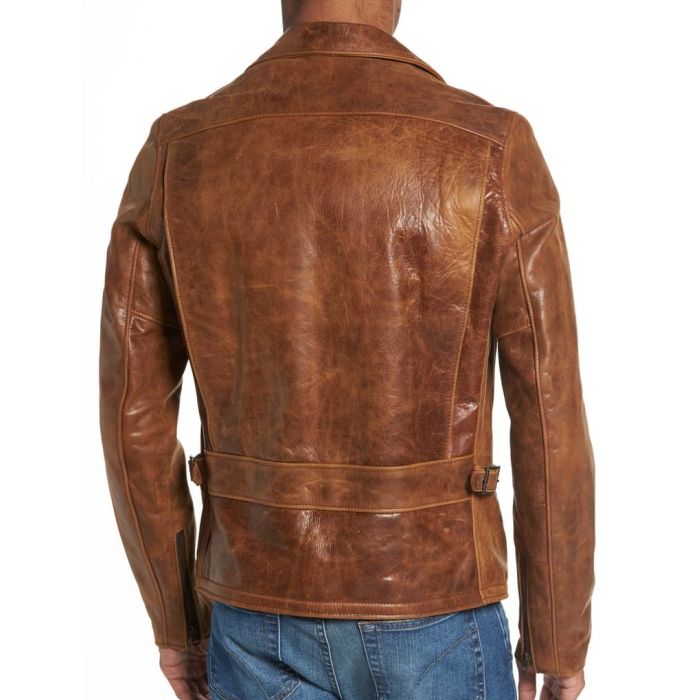 Men's Tan Brown Leather Biker Jacket - Image 2