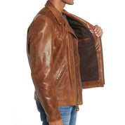 Men's Tan Brown Leather Biker Jacket - Image 3