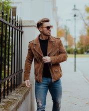 Mens Tan brown Suede biker Jacket, Men brown biker suede leather Jacket