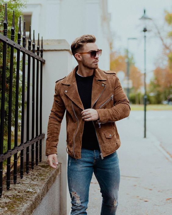 Mens Tan brown Suede biker Jacket, Men brown biker suede leather Jacket