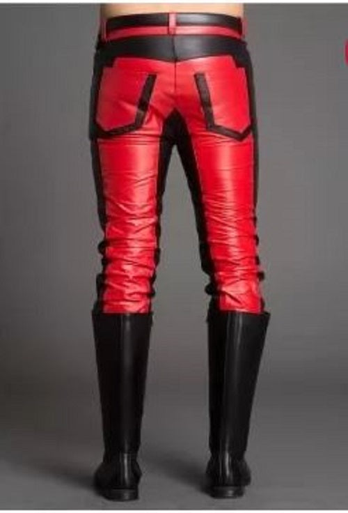 Punk Mens Two Tone Biker Leather Trouser, Red Style Motorcycle Leather Pant