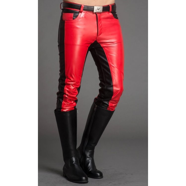 Punk Mens Two Tone Biker Leather Trouser, Red Style Motorcycle Leather Pant