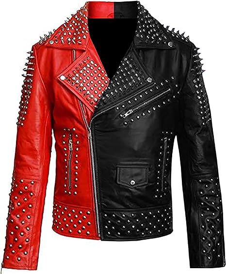 Handmade Mens Two Tone Brando Studded Punk Rock Spikes Motorcycle Biker Jacket