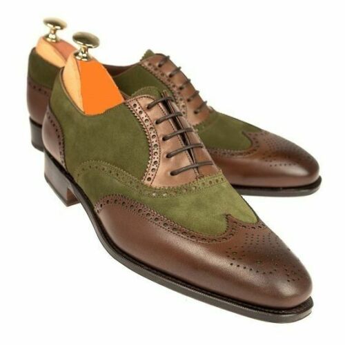 Mens Two tone wing tip brogue dress shoes, Men formal leather shoes