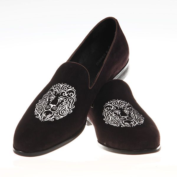 Mens Velvet Shoes, Men Brown Embroidered Velvet Casual Shoes Slipper