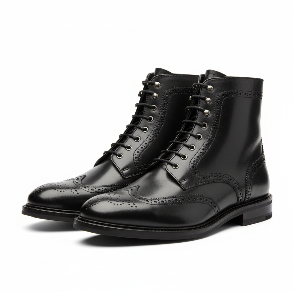 Men's Wingtip Brogue High Ankle Leather Lace-up Dress Boots(black)