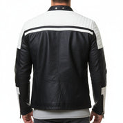 model-back-details - Handmade Mens black and white slim fit biker jacket, Men leather Jacket