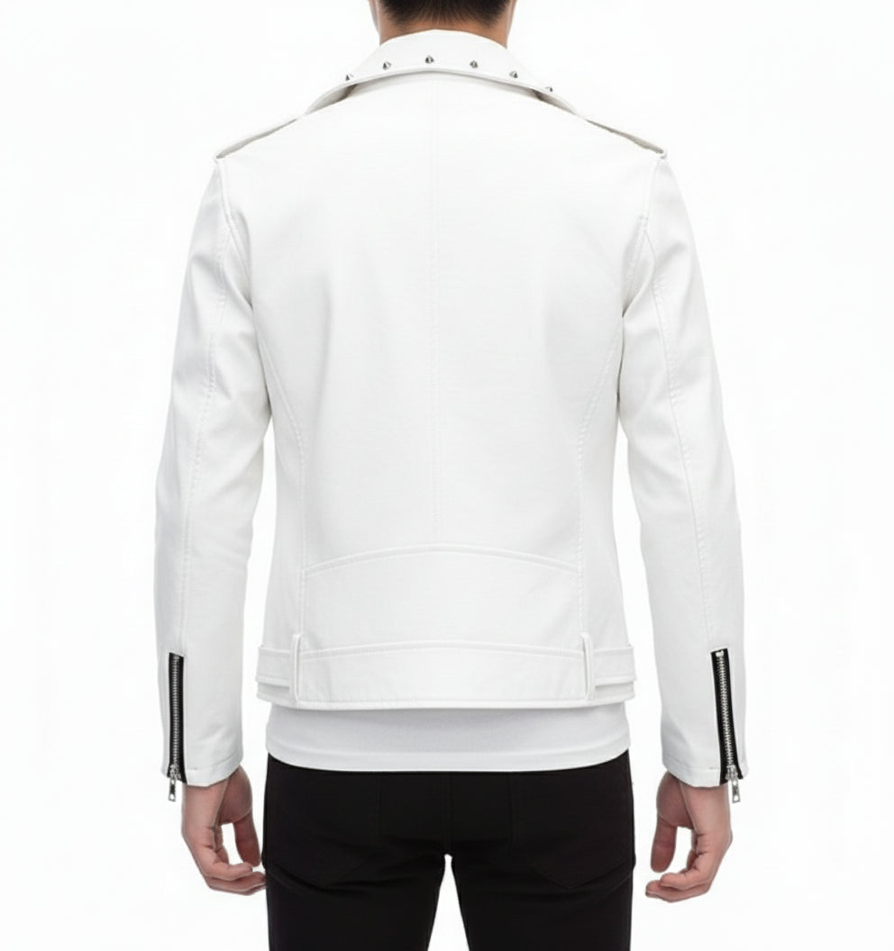 model-back-details - Handmade Mens Fashion White Biker Jacket, Mens White Studded belted Jacket