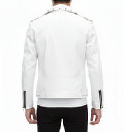 model-back-details - Handmade Mens Fashion White Biker Jacket, Mens White Studded belted Jacket