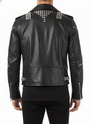 model-back-details - Men Classic Sliver Studded Leather Motorcycle Jacket, Biker Leather Jacket
