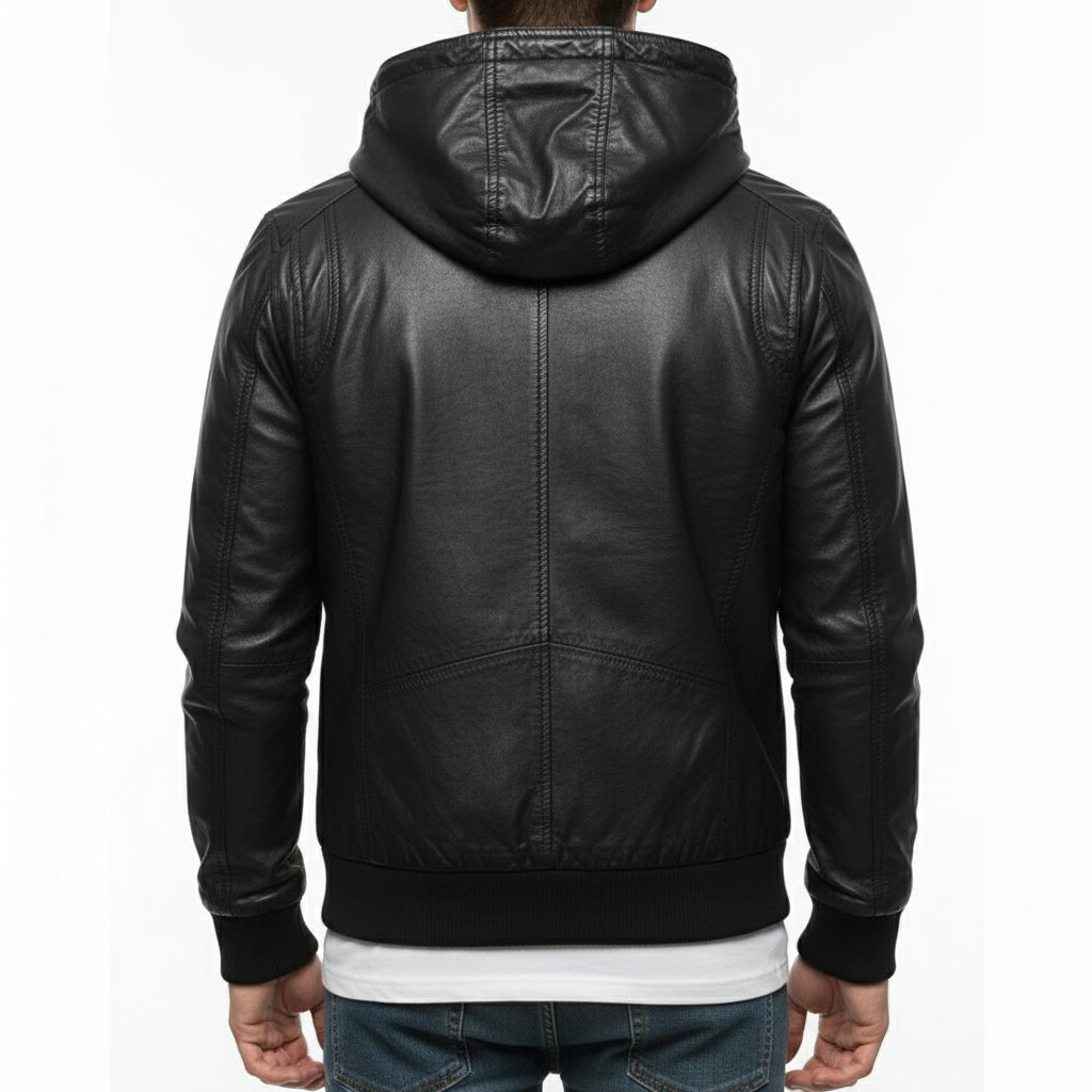 model-back-details - Men Korean Style Hooded Leather Jacket, Slim Fit Leather Jacket