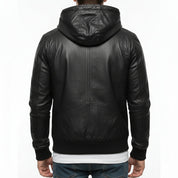 model-back-details - Men Korean Style Hooded Leather Jacket, Slim Fit Leather Jacket