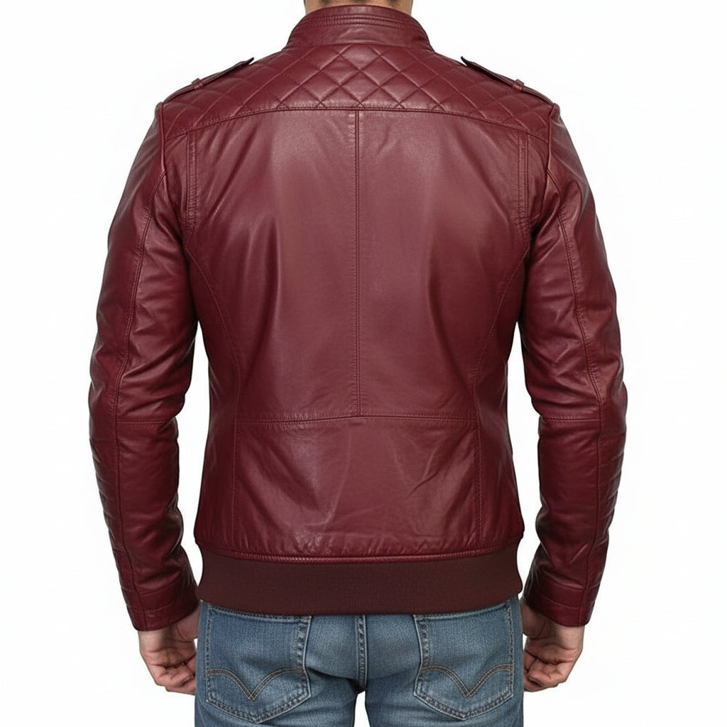 model-back-details - Men Maroon Color Slim Fit Leather Jacket. Fashion Biker Leather Jacket