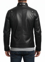model-back-details - Men Stand Collar Leather Jacket, Black Jacket, 's Biker Leather Jackets