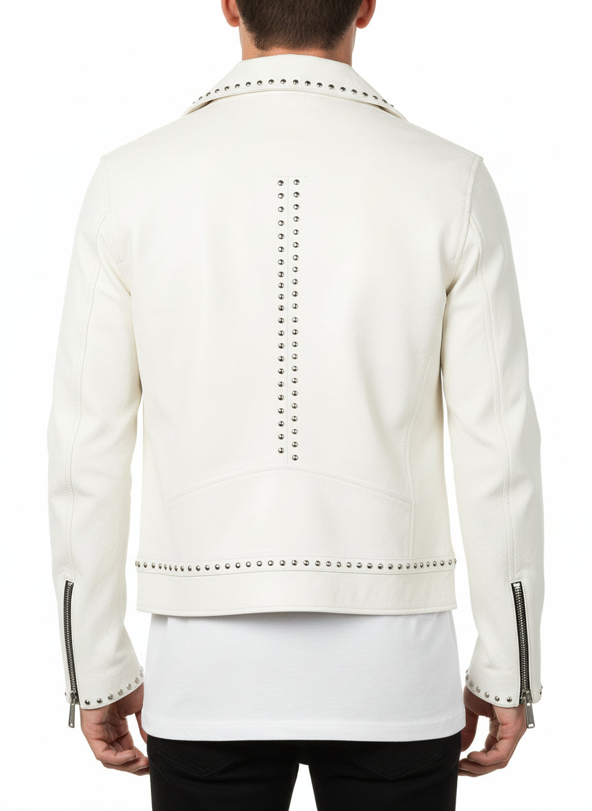 model-back-details - Men White Studded Leather Jacket, Motorcycle Fashion Leather Jackets