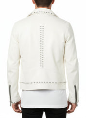 model-back-details - Men White Studded Leather Jacket, Motorcycle Fashion Leather Jackets