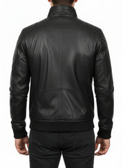 model-back-details - Mens Biker Leather Jacket, Men Slim Fit Black Biker Leather Jacket