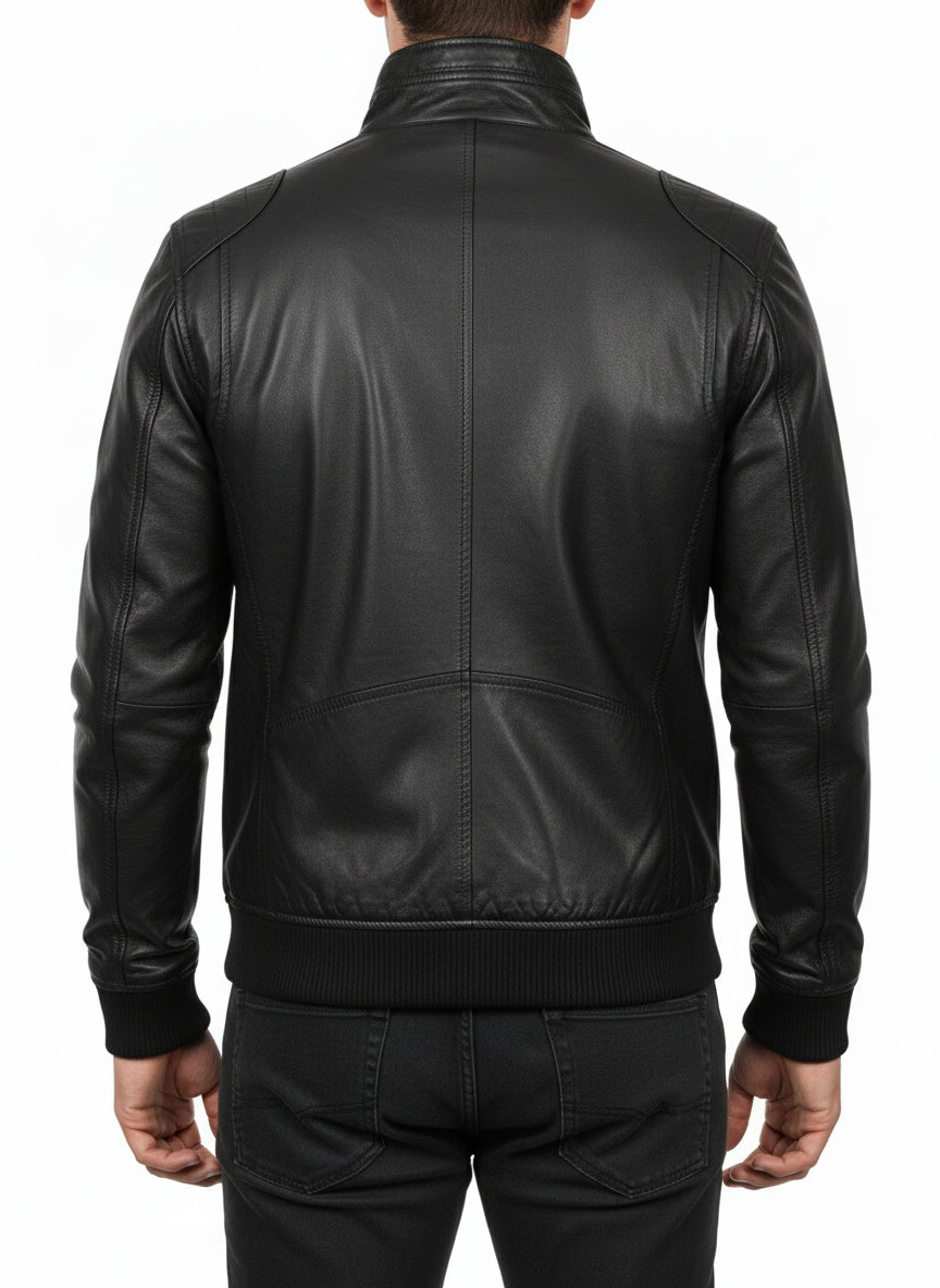 model-back-details - Mens Biker Leather Jacket, Men Slim Fit Black Biker Leather Jacket