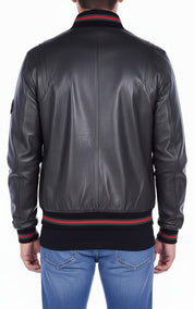 model-back-details - Men's Bomber Leather Jacket, Leather Bomber Jacket, Men's Leather Jacket, Stylish Bomber Jacket