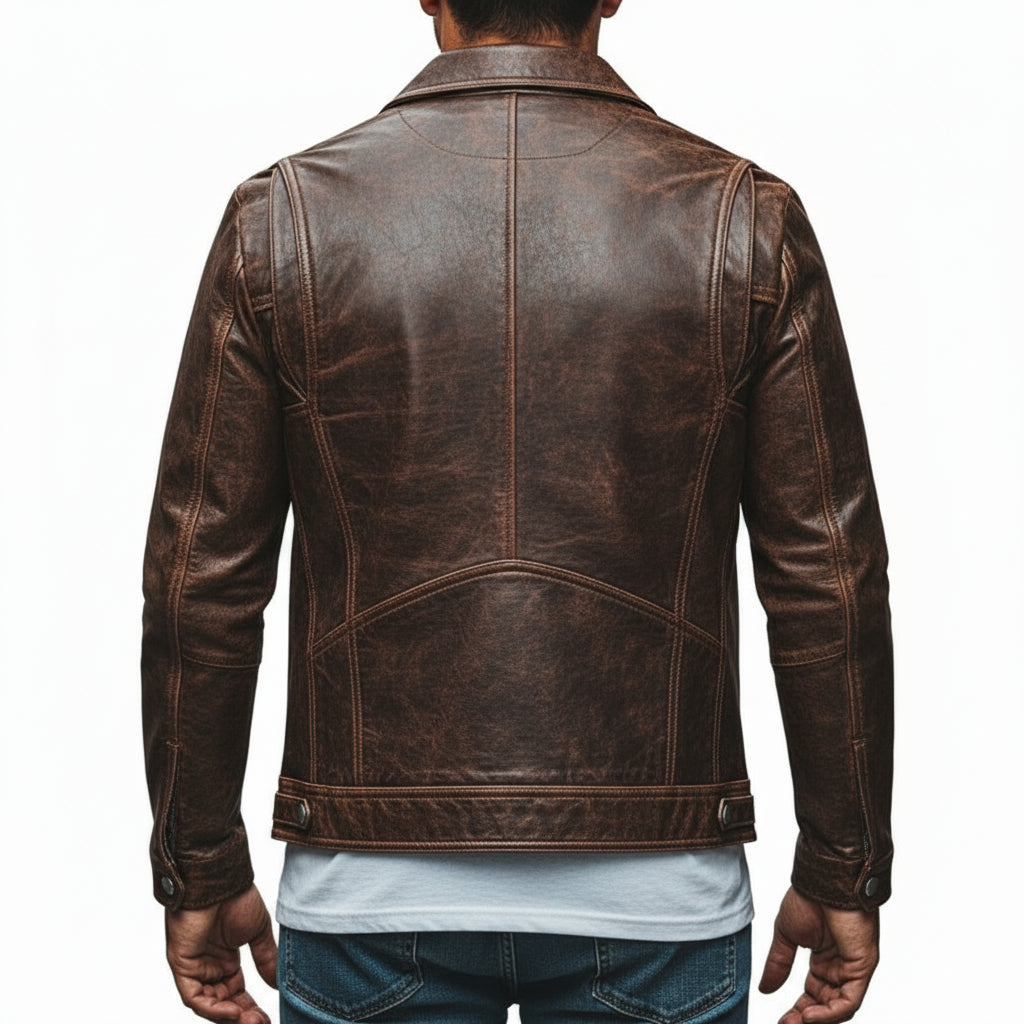 model-back-details - Men's Cafe Racer Field Jacket, Leather Motorcycle Jacket, Handmade Biker Jacket, Distressed Leather Jacket