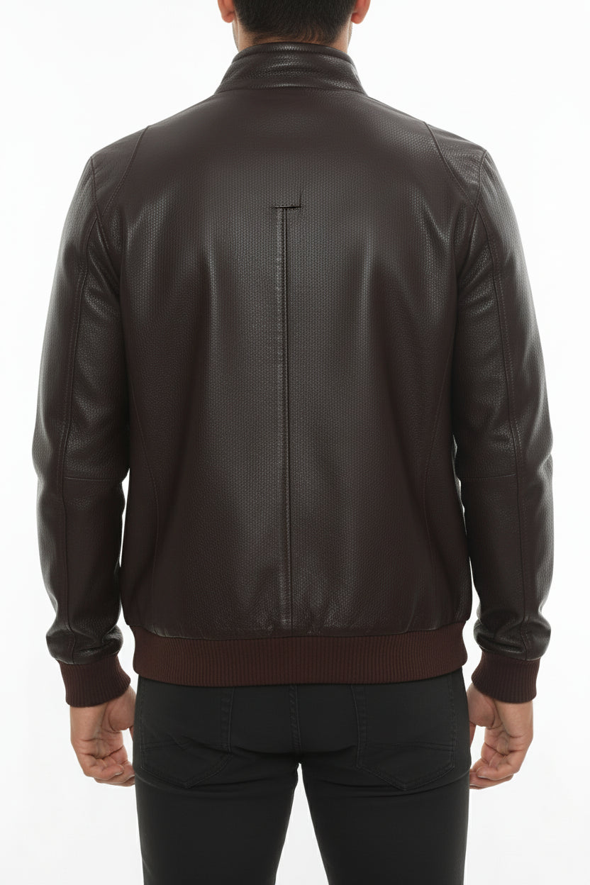 model-back-details - Men's Cafe Racer Leather Jacket, Leather Biker Jacket, Smooth Leather Moto Jacket