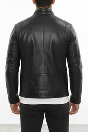 model-back-details - Men's Cafe Racer Leather Jacket, Smooth Leather Biker Jacket, Men's Motorcycle Jacket, Leather Moto Jacket