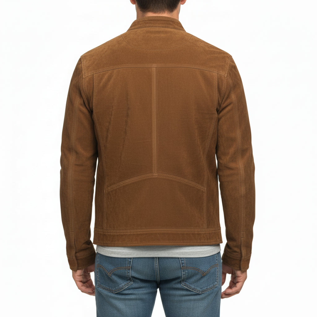 model-back-details - Men's Cafe Racer Suede Jacket, Suede Biker Jacket, Men's Motorcycle Jacket, Brown Suede Moto Jacket