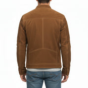 model-back-details - Men's Cafe Racer Suede Jacket, Suede Biker Jacket, Men's Motorcycle Jacket, Brown Suede Moto Jacket