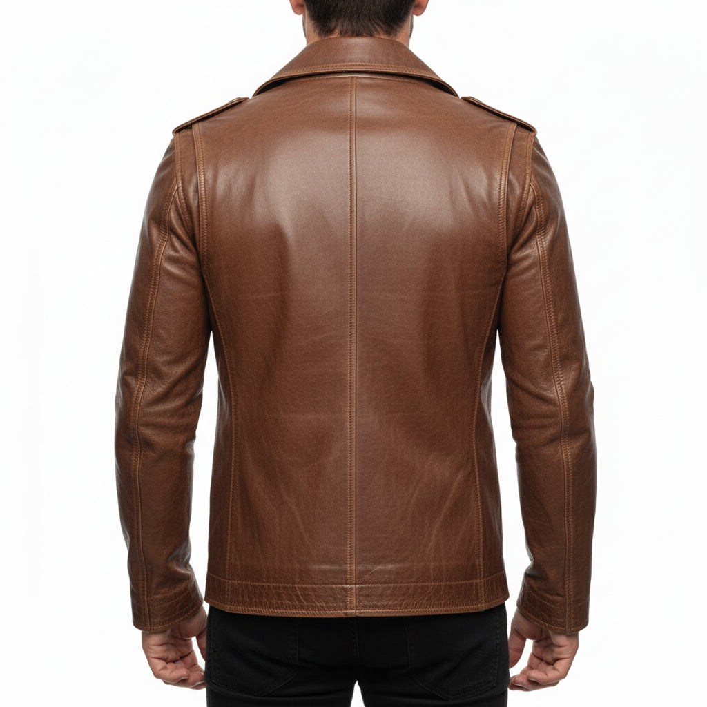 model-back-details - Men's Double-Breasted Leather Pea Coat, Military-Inspired Leather Jacket, Leather Military Jacket