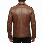 model-back-details - Men's Double-Breasted Leather Pea Coat, Military-Inspired Leather Jacket, Leather Military Jacket