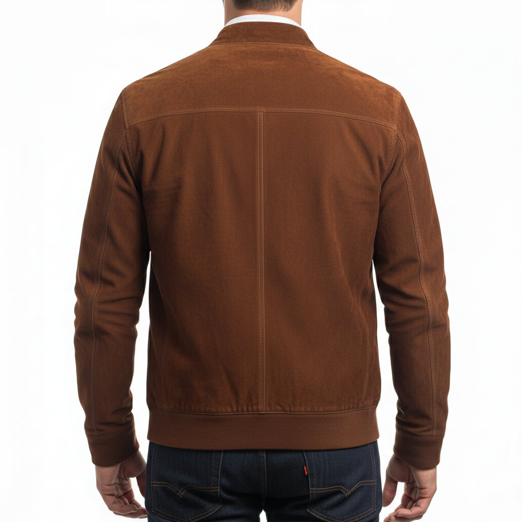 model-back-details - Men's Handmade Brown Suede Biker Jacket