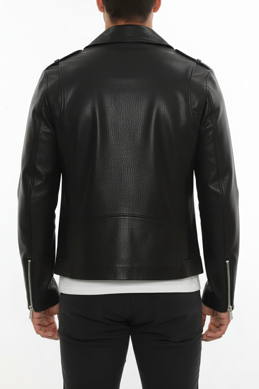 model-back-details - Men's Moto Leather Jacket, Biker Jacket, Asymmetrical Zip Leather Jacket, Motorcycle Jacket