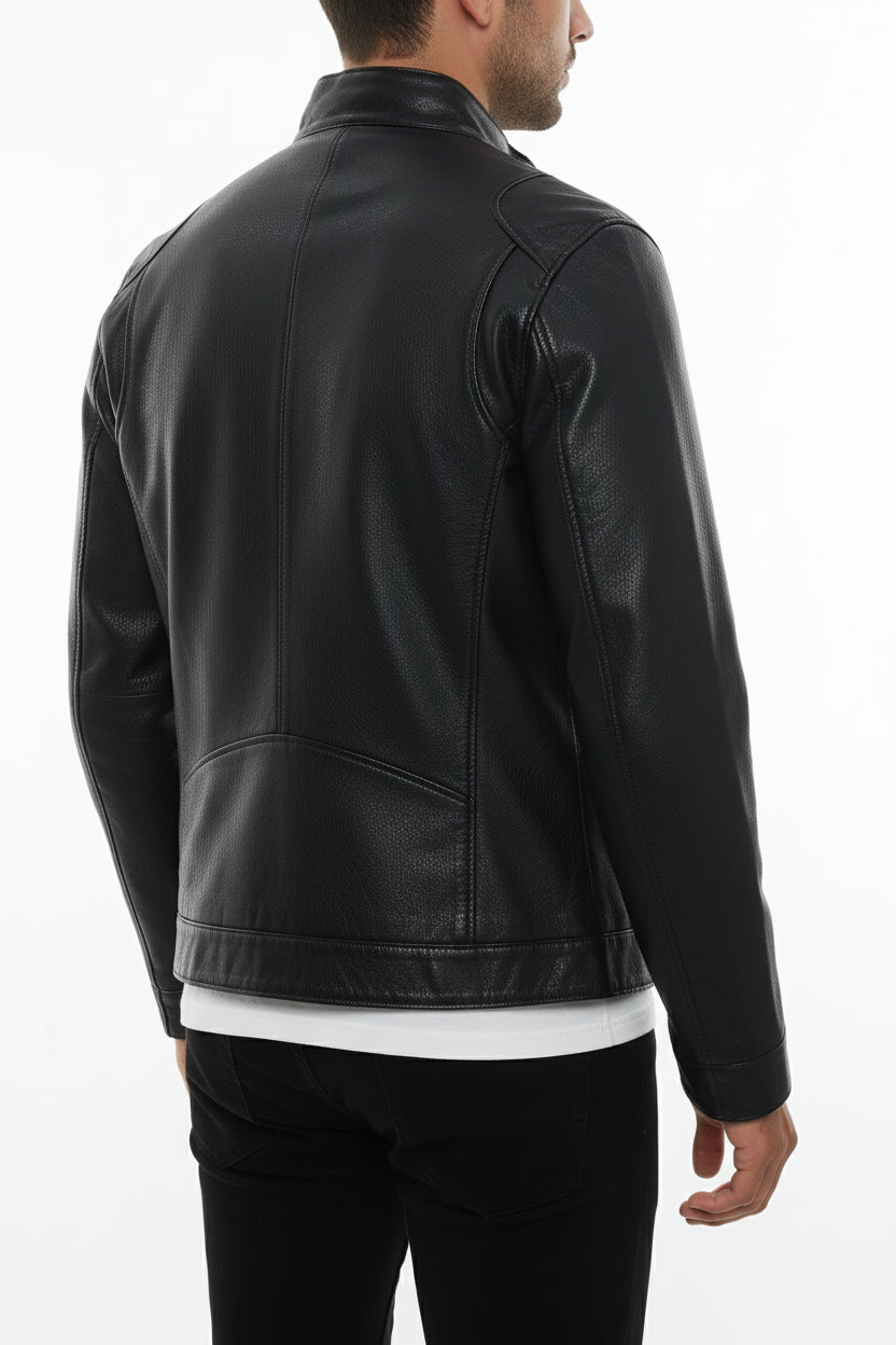 model-back-details - Men's Racer Leather Jacket, Black Leather Jacket, Cafe Racer Jacket, Slim Fit Biker Jacket