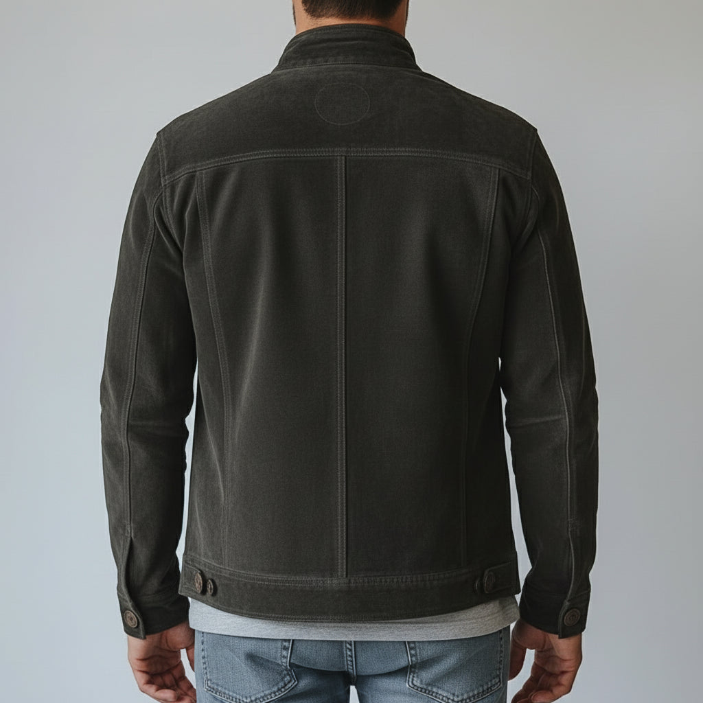 model-back-details - Men's Shirt Jacket, Men's Utility Jacket, Olive Green Suede Jacket, Casual Suede Jacket