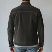 model-back-details - Men's Shirt Jacket, Men's Utility Jacket, Olive Green Suede Jacket, Casual Suede Jacket